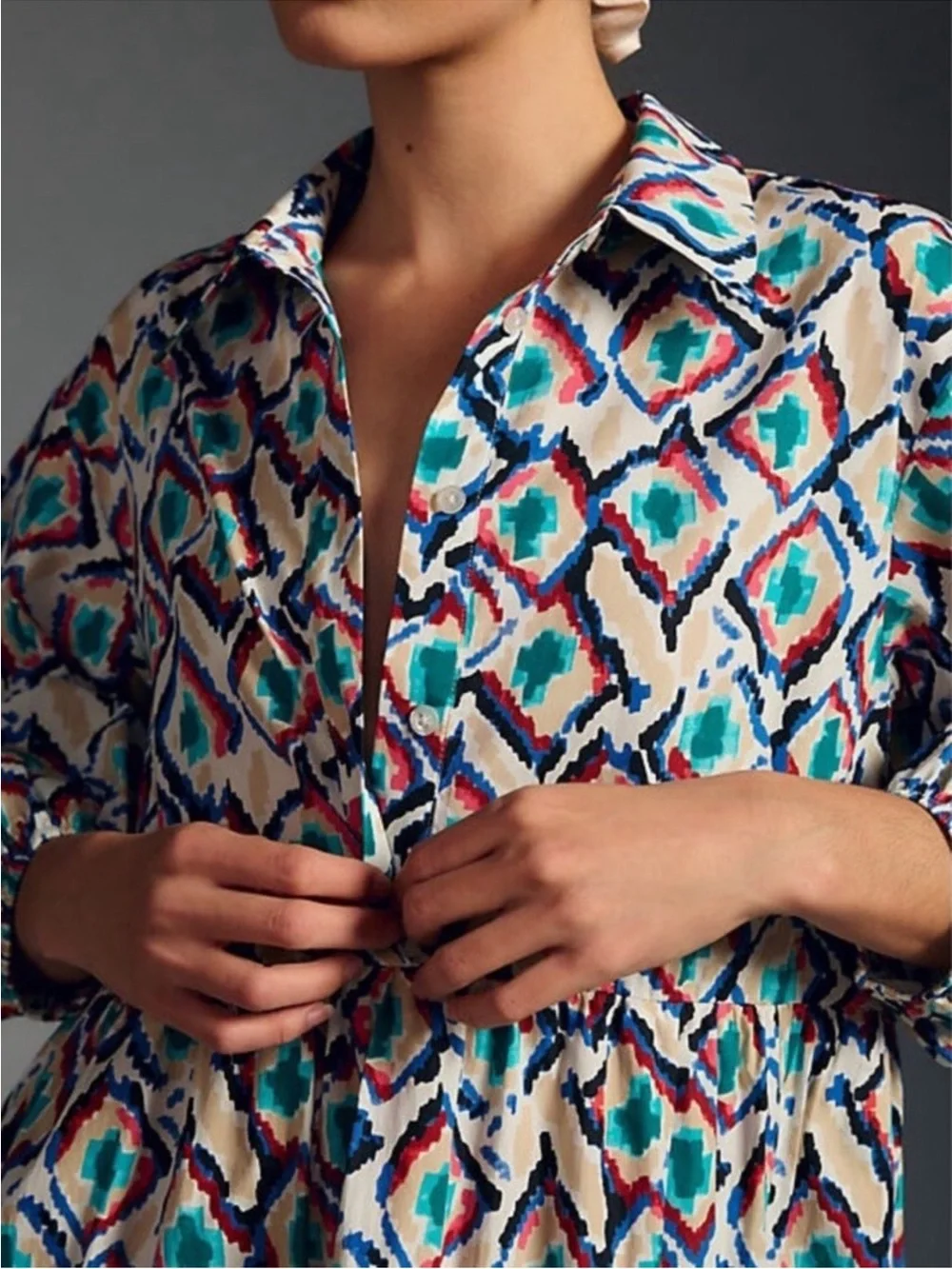 NWT Anthro Midi Dress inGeometric pattern. Button down long sleeve cotton - Picture 2 of 10